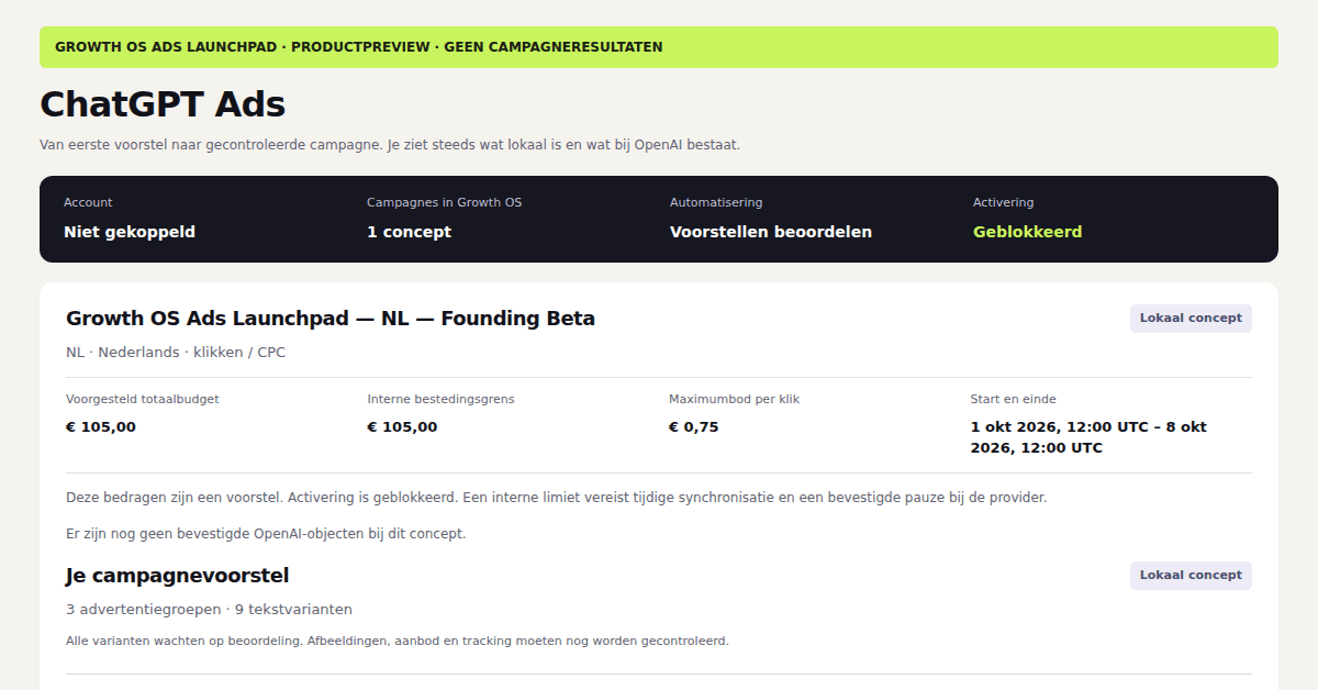 Growth OS met een lokaal campagneconcept, nog niet gekoppeld account en geblokkeerde activering. Alle bedragen en datums zijn voorbeelden.